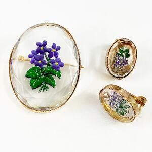 Vintage Intaglio African Violet Brooch & Clip Earring Set